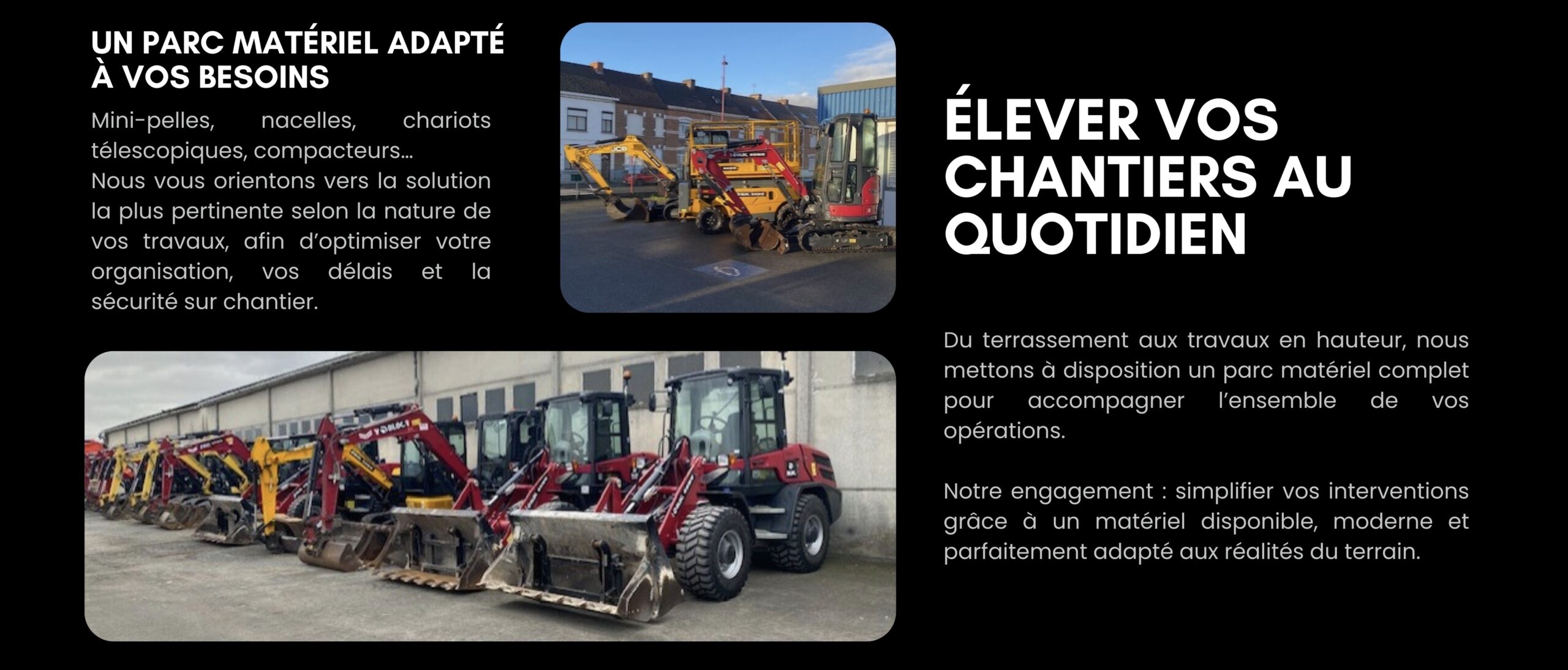 Parc matériel DLOC avec mini-pelles, nacelles, chariots télescopiques et engins de chantier pour accompagner les travaux de terrassement et de hauteur