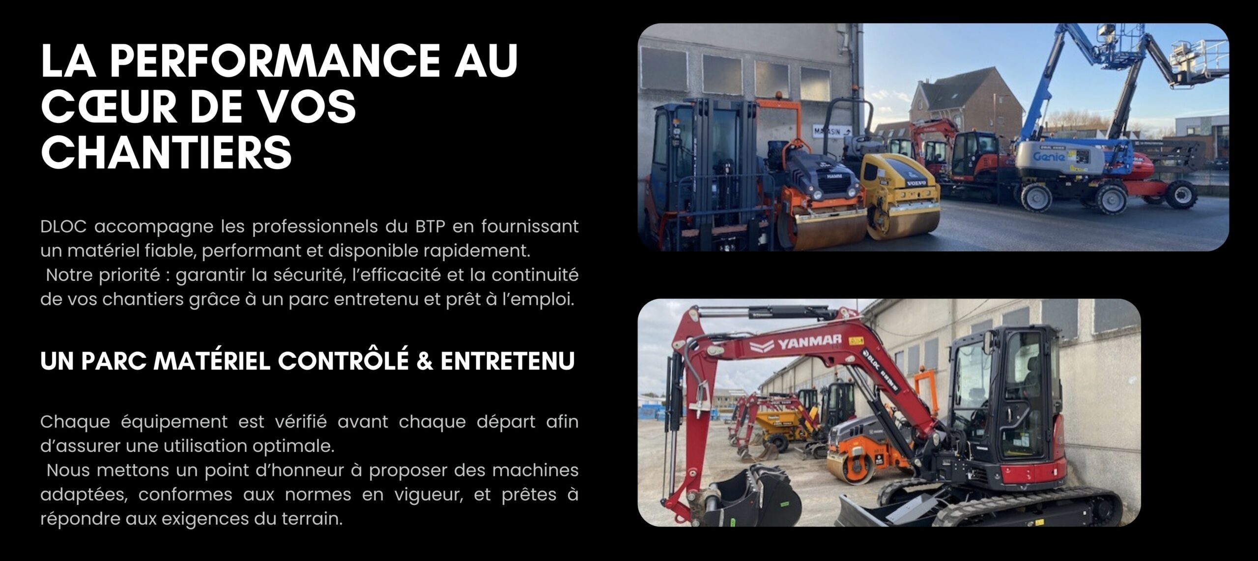 Location de matériel BTP DLOC avec un parc d’engins performants, contrôlés et prêts à l’emploi pour chantiers professionnels
